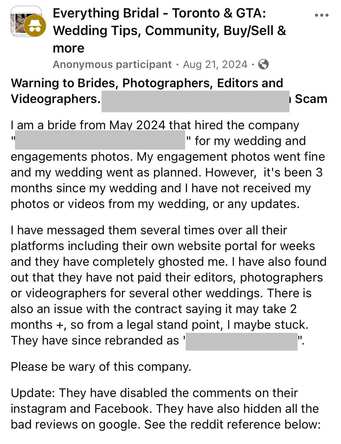 Wedding vendor complaint